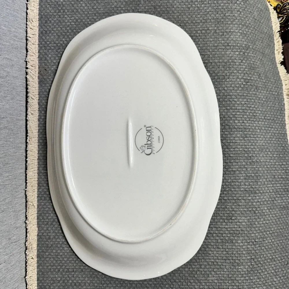 Gibson Floral Pink Victorian Rose China Oval Serving Platter Scallop Cottagecore